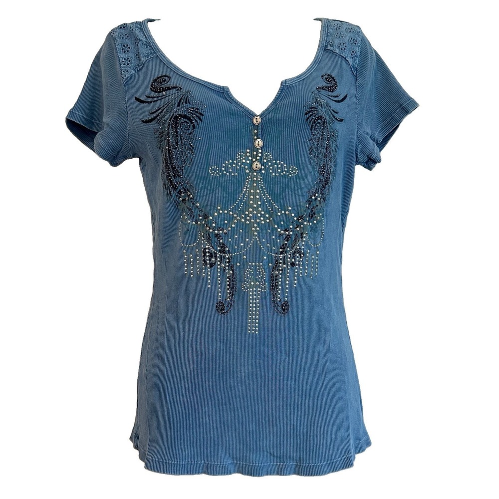 Y2K  Ribbed Tee Shirt Sz M Graphic Henley Embellished Fairy Grunge Blue Fitted